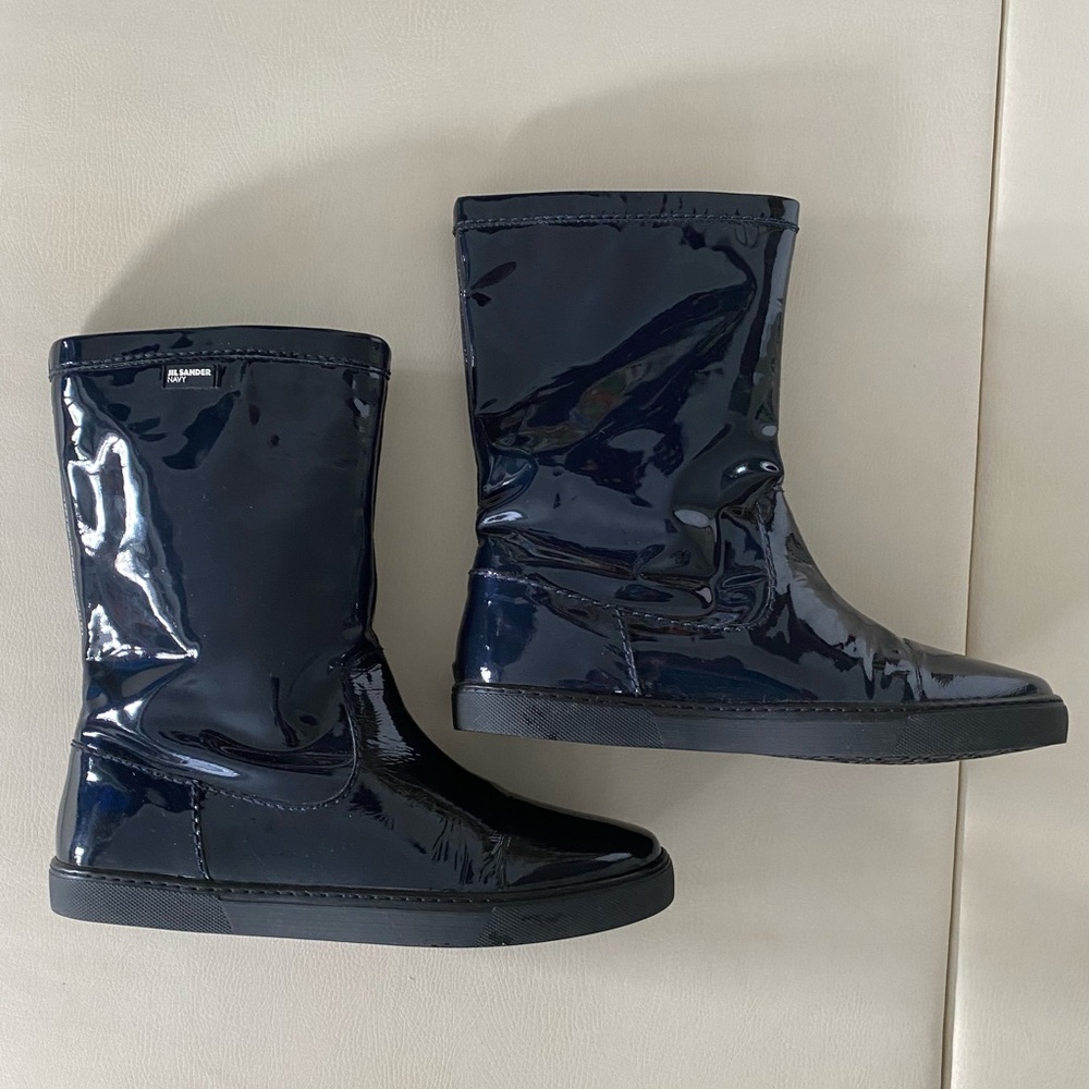 JIL Sander Navy Patent Leather Boots Navy Blue EU Size 39